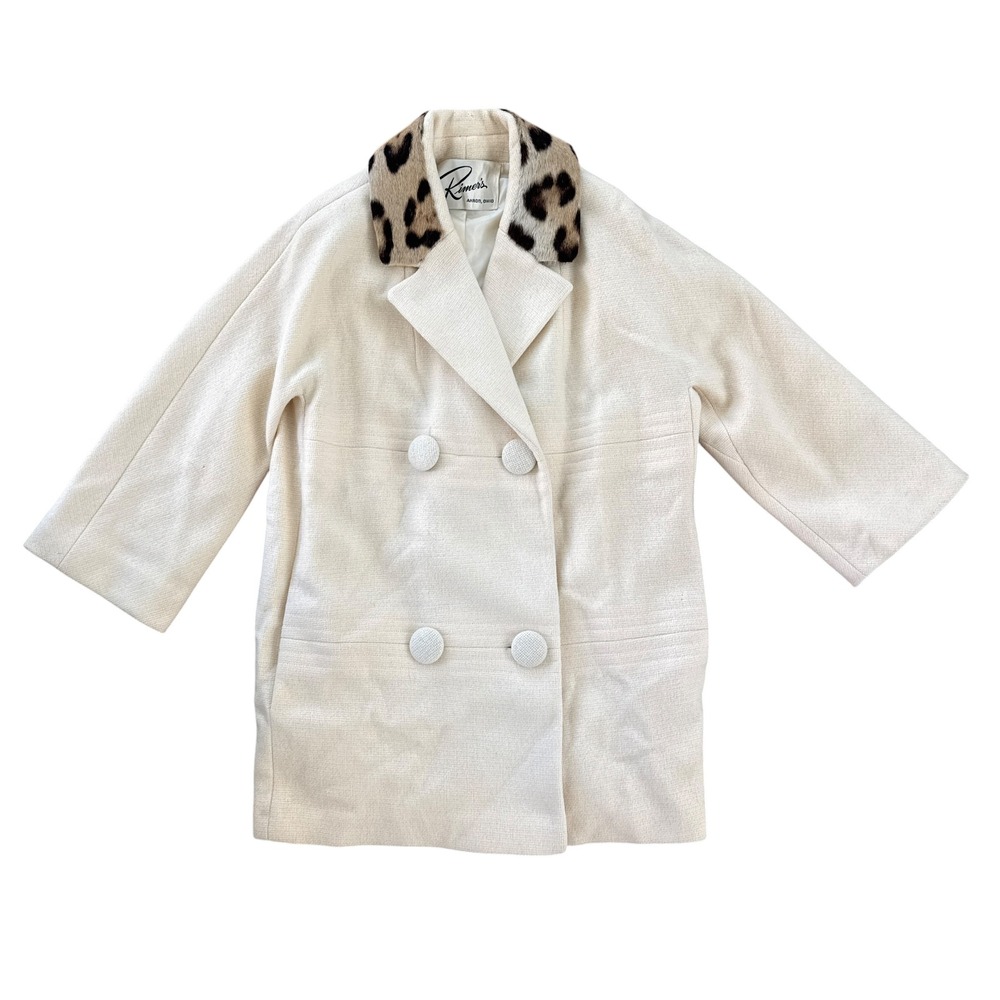 50s Harmonia Donnybrook Wool Coat Leopard Fur Collar Mod Ivory Double Breasted L